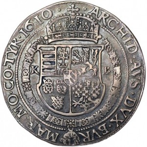 Реверс монеты Австрия, 1 талер, 1612-1613, Матиас, коронованный составной герб