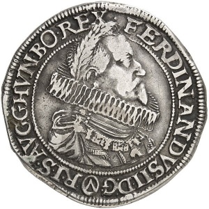 Аверс монеты Австрия, 1 талер, 1620-1621, Фердинанд II, имперский орел, герб Вены ниже