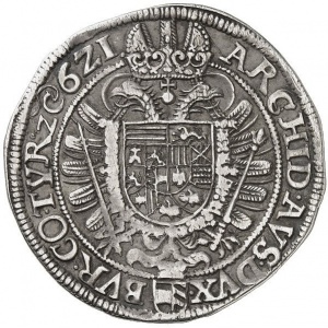Реверс монеты Австрия, 1 талер, 1620-1621, Фердинанд II, имперский орел, герб Вены ниже