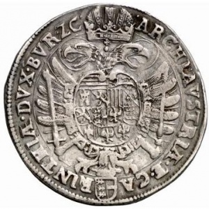 Реверс монеты Австрия, 1 талер, 1621, Фердинанд II, имперский орел, герб Каринтии ниже, дата под бюстом