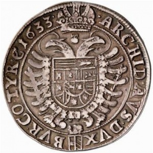 Реверс монеты Австрия, 1 талер, 1625-1638, Фердинанд II, имперский орел, Герб вены ниже орла