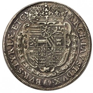 Реверс монеты Австрия, 1 талер, 1626-1631, Фердинанд II, Составной герб с гербом Штирии сверху по центру