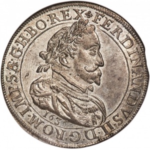 Аверс монеты Австрия, 1 талер, 1632-1636, Фердинанд II, Составной герб с гербом Штирии сверху по центру
