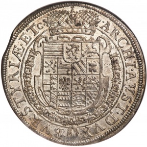 Реверс монеты Австрия, 1 талер, 1632-1636, Фердинанд II, Составной герб с гербом Штирии сверху по центру