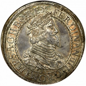 Аверс монеты Австрия, 1 талер, 1638, Фердинанд III, Составной герб с гербом Штирии сверху по центру