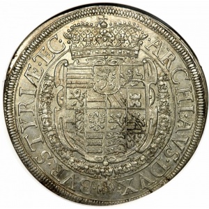 Реверс монеты Австрия, 1 талер, 1638, Фердинанд III, Составной герб с гербом Штирии сверху по центру