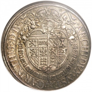 Реверс монеты Австрия, 1 талер, 1638-1642, Фердинанд III, Составной герб с гербом Каринтии сверху по центру