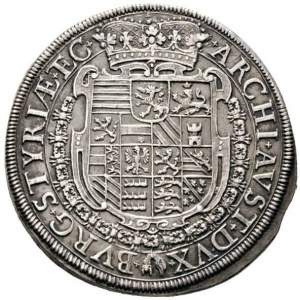 Реверс монеты Австрия, 1 талер, 1640, Фердинанд III, Составной герб с гербом Штирии сверху по центру