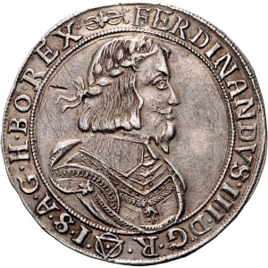 Аверс монеты Австрия, 1 талер, 1648-1649, Фердинанд III, имперский орел c гербом в щите, Герб вены ниже орла