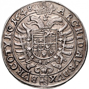 Реверс монеты Австрия, 1 талер, 1648-1649, Фердинанд III, имперский орел c гербом в щите, Герб вены ниже орла