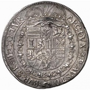 Реверс монеты Австрия, 1 талер, 1651, Фердинанд III, Составной герб с гербом Тироля сверху по центру