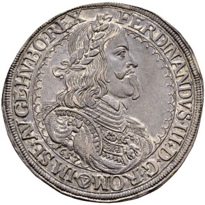 Аверс монеты Австрия, 1 талер, 1657, Фердинанд III, Составной герб с гербом Тироля сверху по центру