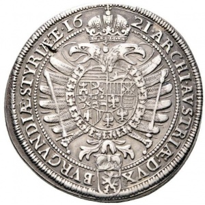 Реверс монеты Австрия, 2 талера, 1621, Фердинанд II, герб Штирии ниже имперского орла