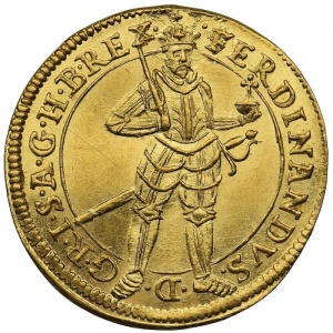 Аверс монеты Австрия, 1 дукат, 1623-1633, Фердинанд II, стоящая фигура, герб