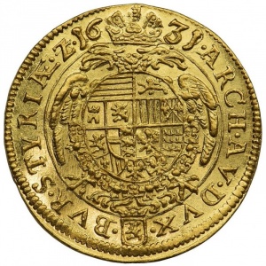 Реверс монеты Австрия, 1 дукат, 1623-1633, Фердинанд II, стоящая фигура, герб