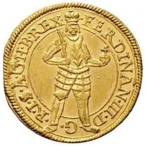 Аверс монеты Австрия, 1 дукат, 1638-1657, Фердинанд III, стоящая фигура, герб Штирии ниже имперского орла