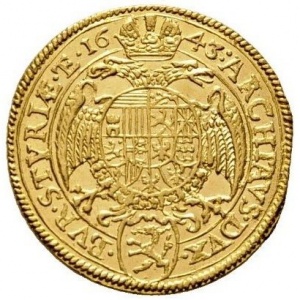 Реверс монеты Австрия, 1 дукат, 1638-1657, Фердинанд III, стоящая фигура, герб Штирии ниже имперского орла