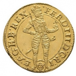 Аверс монеты Австрия, 1 дукат, 1639-1652, Фердинанд III, стоящая фигура, герб Вены ниже имперского орла