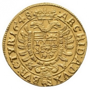 Реверс монеты Австрия, 1 дукат, 1639-1652, Фердинанд III, стоящая фигура, герб Вены ниже имперского орла