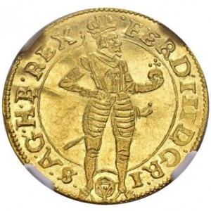 Аверс монеты Австрия, 1 дукат, 1647-1657, Фердинанд III, стоящая фигура c гербами рядом, герб Вены ниже имперского орла