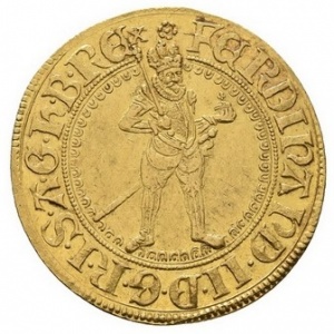 Аверс монеты Австрия, 2 дуката, 1632, Фердинанд II, стоящая фигура c гербами рядом, герб Каринтии ниже имперского орла
