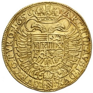 Реверс монеты Австрия, 2 дуката, 1641-1657, Фердинанд III, стоящая фигура, герб Вены ниже имперского орла