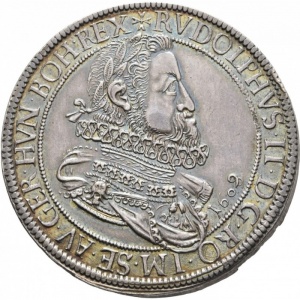 Аверс монеты Австрия, 1 талер, 1607-1610, Рудольф II, герб, дата над бюстом в легенде