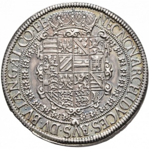 Реверс монеты Австрия, 1 талер, 1607-1610, Рудольф II, герб, дата над бюстом в легенде