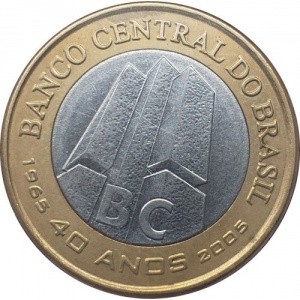 Аверс монеты Бразилия, 1 реал, 2005, 40 лет Центральному Банку Бразилии