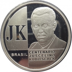 Аверс монеты Бразилия, 2 реала, 2002, 100 лет со дня рождения Жуселину Кубичека
