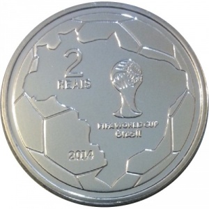 Реверс монеты Бразилия, 2 реала, 2014, Чемпионат мира по футболу 2014 - Удар головой