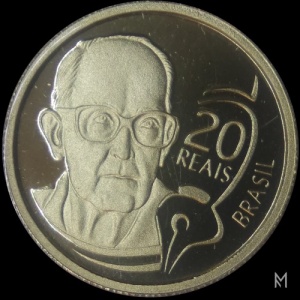 Аверс монеты Бразилия, 20 реалов, 2002, 100 лет со дня рождения Карлоса Друммонда де Андраде