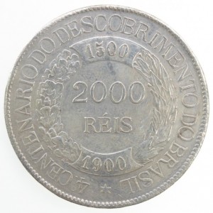 Реверс монеты Бразилия, 2000 реалов, 1900, 400 лет открытию Бразилии