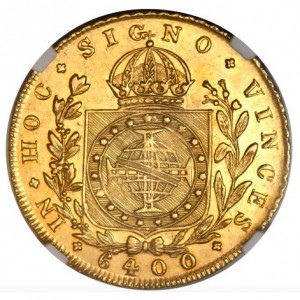 Реверс монеты Бразилия, 6400 реалов, 1823-1828, Отметка региона "R" — Рио-де-Жанейро