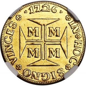 Реверс монеты Бразилия, 4000 реалов, 1724-1727, Отметка монетного двора "M" - Минас-Жерайс