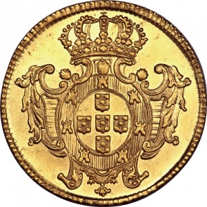 Реверс монеты Бразилия, 6400 реалов, 1727-1731, Отметка монетного двора "R" - Рио-де-Жанейро