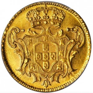 Реверс монеты Бразилия, 6400 реалов, 1731-1750, Отметка монетного двора "R" - Рио-де-Жанейро