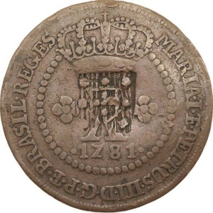 Аверс монеты Бразилия, 20 реалов, 1778-1785, Перечекан на 10 реалах