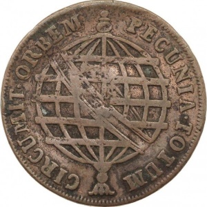 Реверс монеты Бразилия, 20 реалов, 1778-1785, Перечекан на 10 реалах
