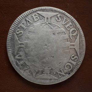Реверс монеты Бразилия, 640 реалов, 1754-1774, Перечекан на 600 реалах