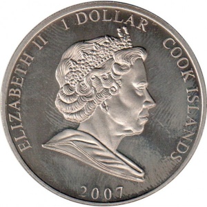Аверс монеты Острова Кука, 1 доллар, 2007, Елизавета в платье, Филипп в костюме