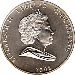 Аверс монеты Острова Кука, 1 доллар, 2008, Елизавета справа и Филипп слева