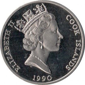 Аверс монеты Острова Кука, 5 долларов, 1990, Вымирающие виды - Тигр