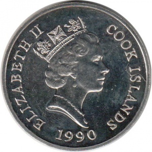 Аверс монеты Острова Кука, 5 долларов, 1990, Вымирающие виды - Выдра
