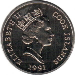Аверс монеты Острова Кука, 5 долларов, 1991, Вымирающие виды - Белохвостый олень