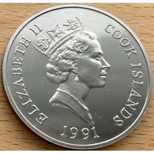 Аверс монеты Острова Кука, 5 долларов, 1991, Вымирающие виды - Кенгуру