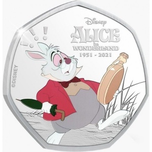 Реверс монеты Острова Кука, 25 центов, 2021, 70 лет "Алисе в стране чудес" - Я опаздываю