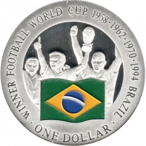 Реверс монеты Острова Кука, 1 доллар, 2001, Первое место на чемпионате мира по футболу 1958, 1962, 1970, 1994 - Бразилия