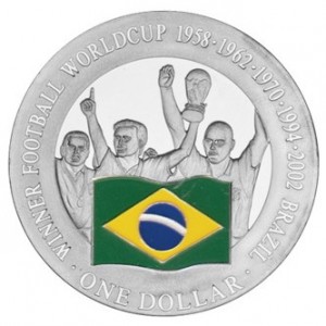 Реверс монеты Острова Кука, 1 доллар, 2001, Первое место на чемпионате мира по футболу 1958, 1962, 1970, 1994, 2002 -…