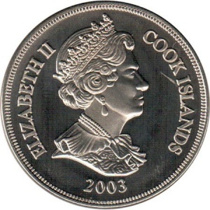 Аверс монеты Острова Кука, 1 доллар, 2003-2004, Исторические корабли - Espusi /корабль идёт влево, чёрно-белый борт/